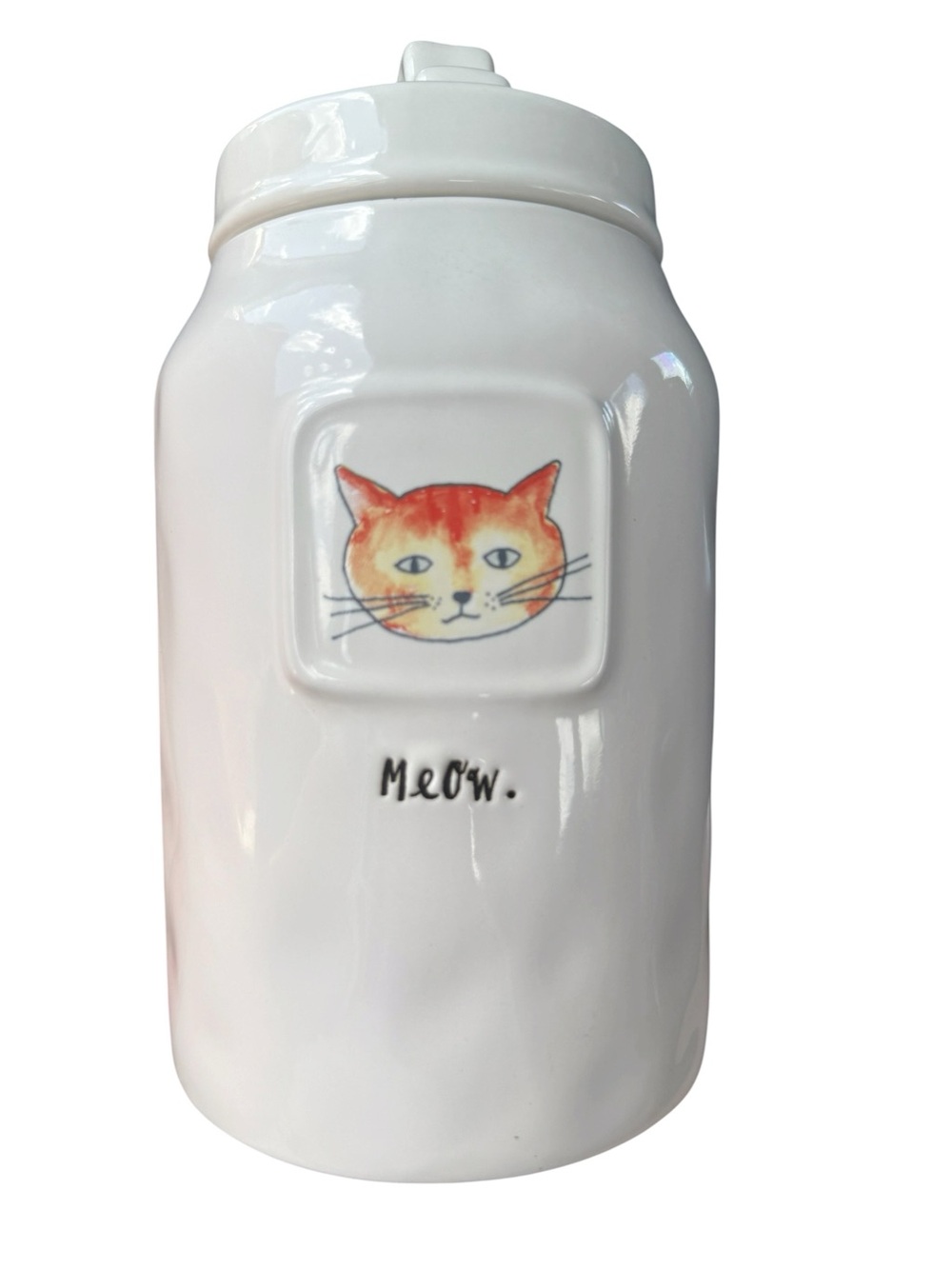 Rae Dunn Artisan White Ceramic Cat Treat Jar with Orange Cat Illustration - Meow
